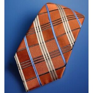 MICHAEL KORS 100% Silk Necktie Orange w/Blue/Brown/Tan Stripes Dad Business EUC